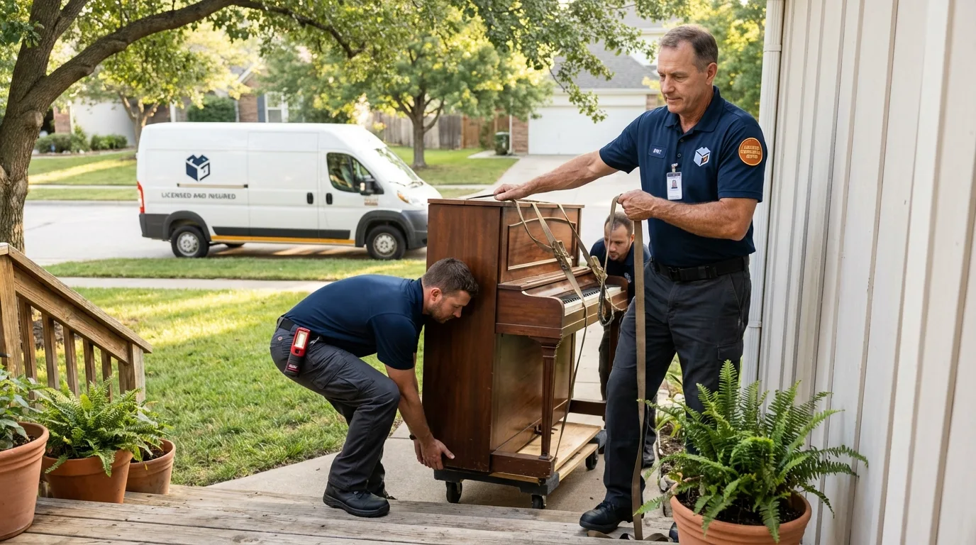 Licensed piano movers securing grand piano in Jeffersonville, IN
