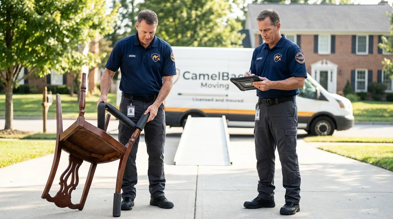 Movers inspecting furniture for damage prevention before loading in Jeffersonville, IN