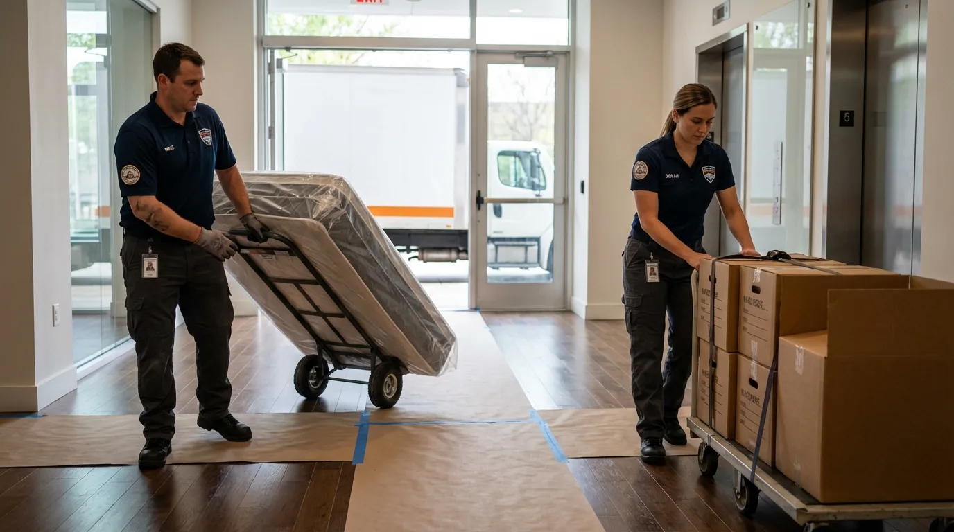 Professional apartment movers loading elevator in Jeffersonville, IN