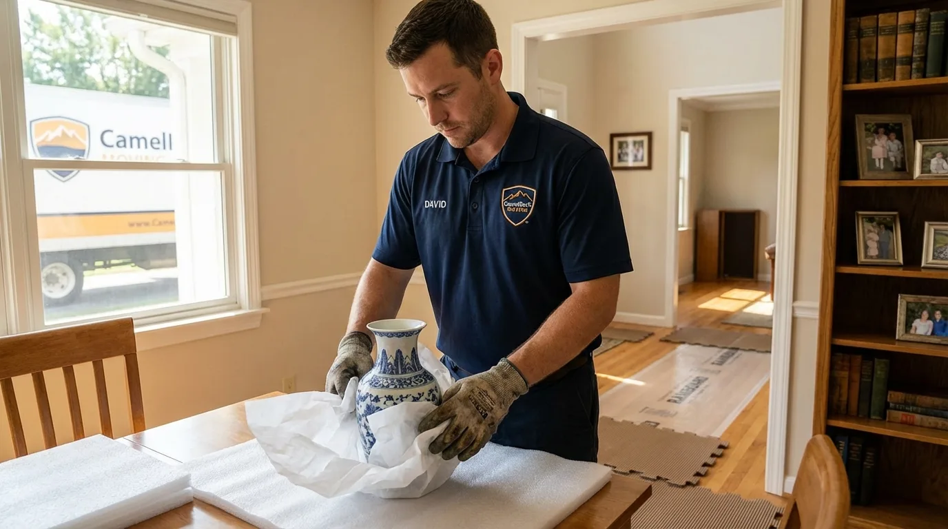 Professional crew carefully wrapping antique vase for senior downsizing move in Jeffersonville, IN